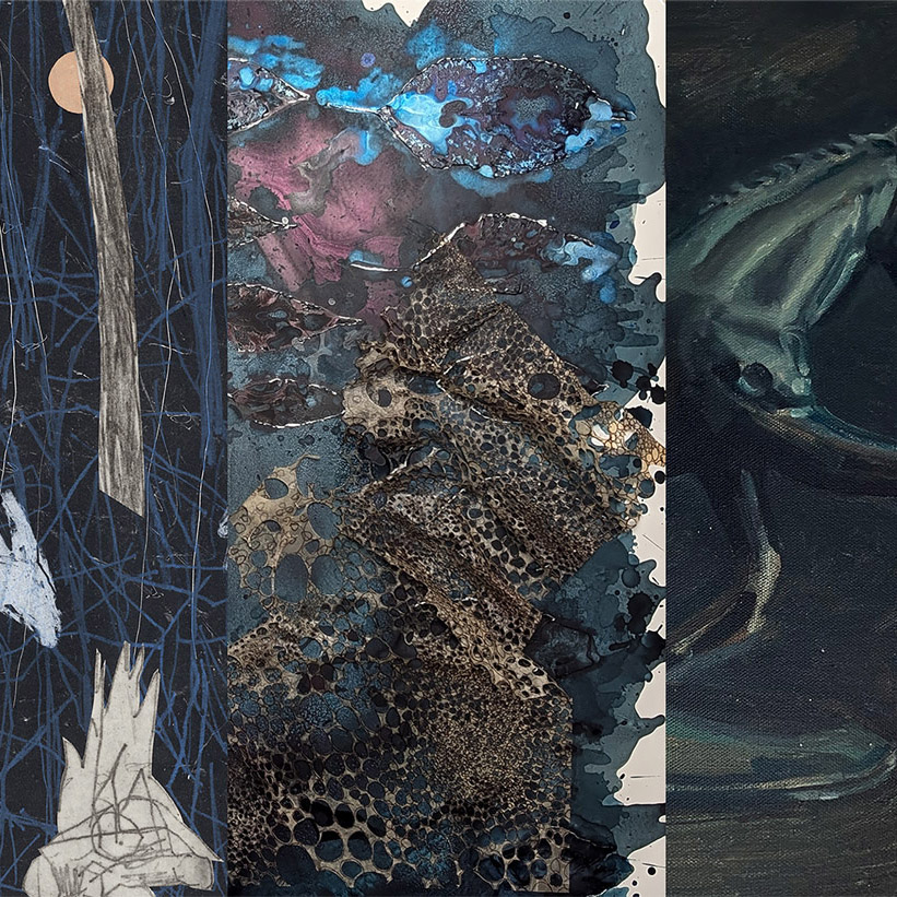 A portion of three paintings from the gallery show